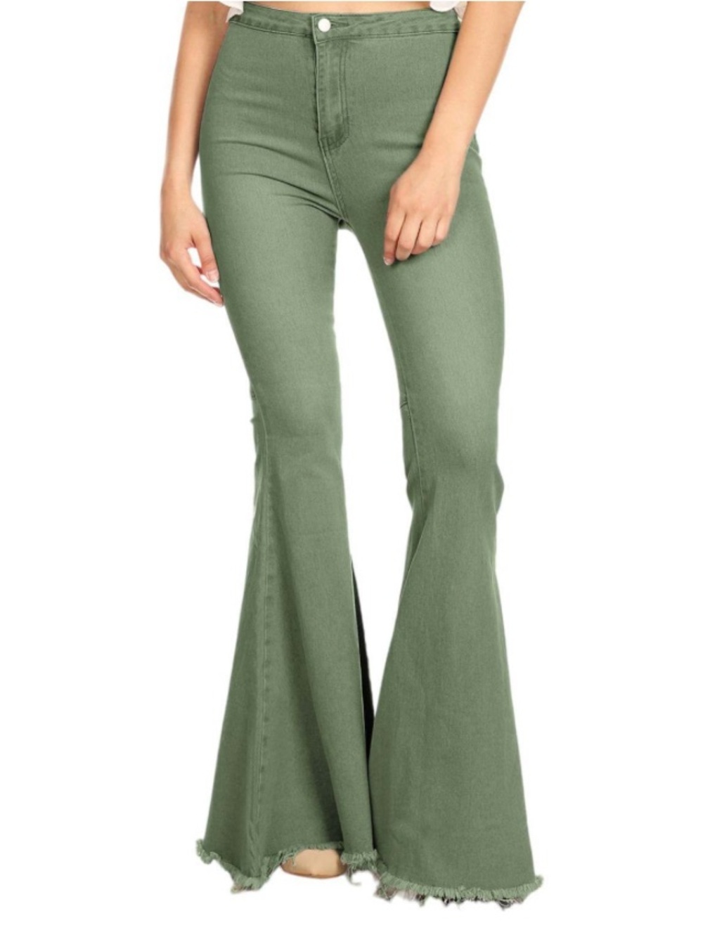 Lucky & Blessed Sage Green Flared Jeans with Raw Hem